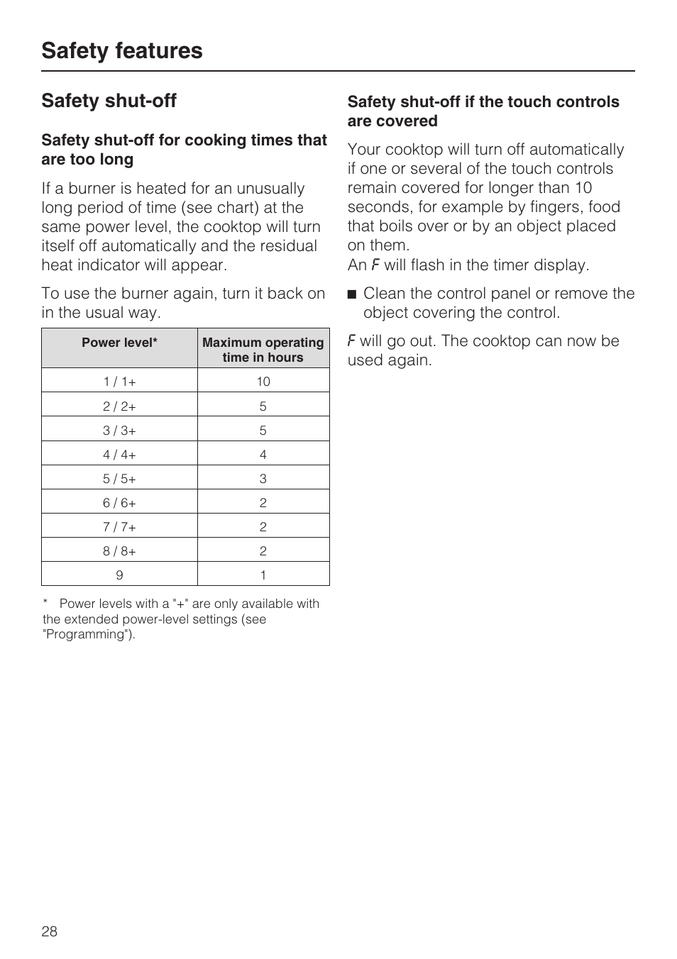 Safety shut-off 28, Safety features, Safety shut-off | Miele KM 5880 User Manual | Page 28 / 56