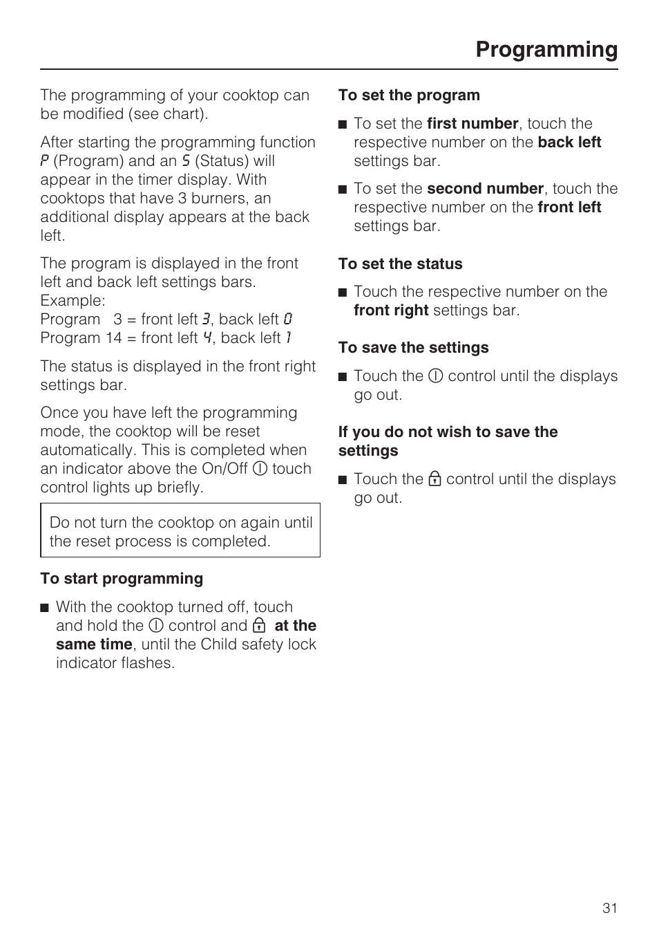 Programming 31, Programming | Miele KM 5880 User Manual | Page 31 / 56