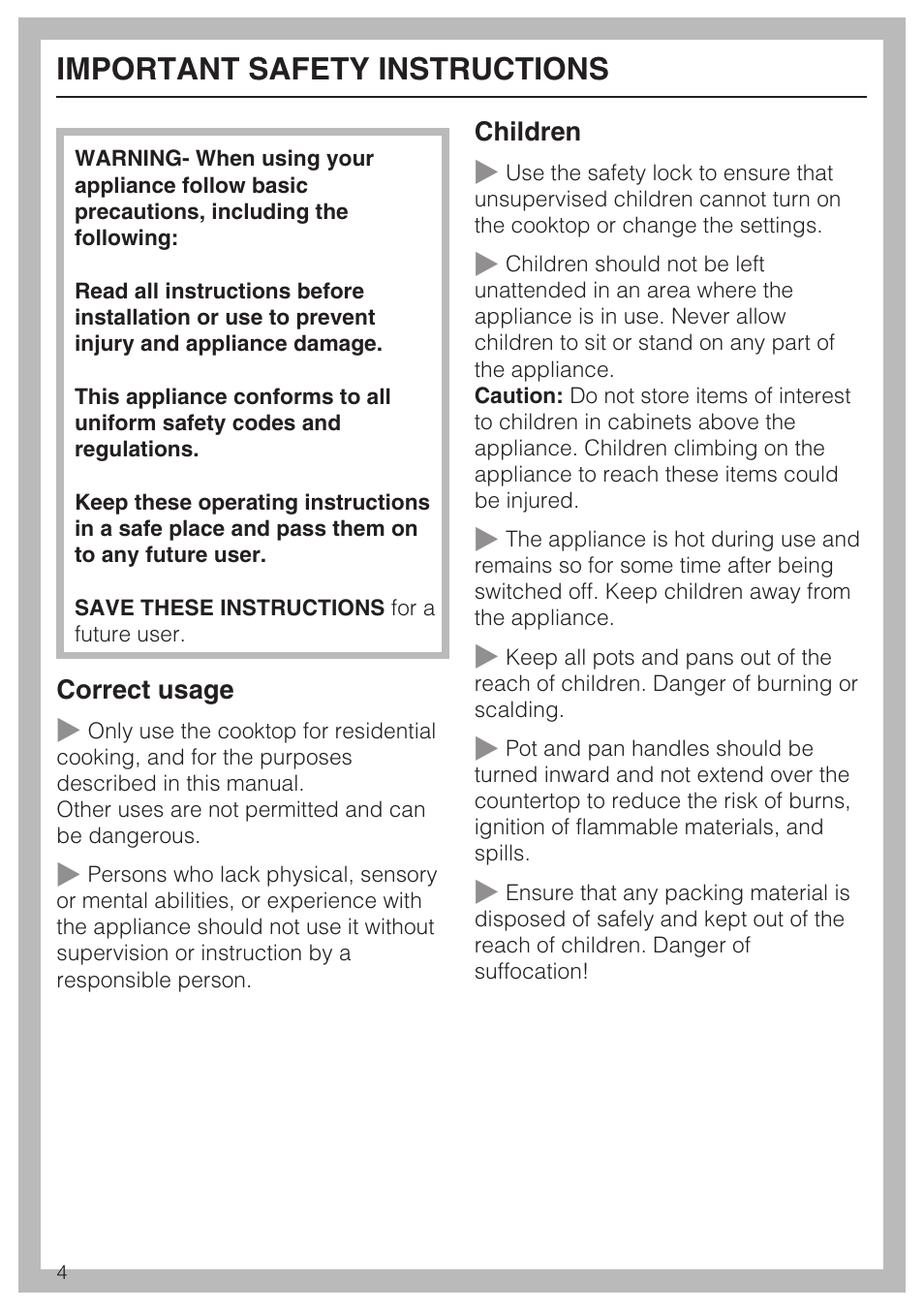 Important safety instructions 4, Important safety instructions | Miele KM 5880 User Manual | Page 4 / 56