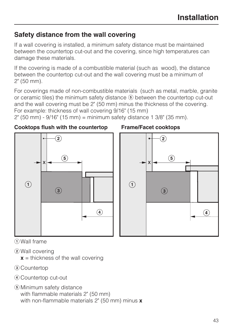 Installation 43, Installation, Safety distance from the wall covering | Miele KM 5880 User Manual | Page 43 / 56