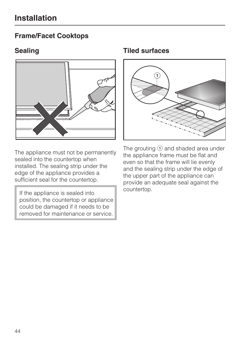 Sealing 44, Tiled surfaces 44, Installation | Miele KM 5880 User Manual | Page 44 / 56