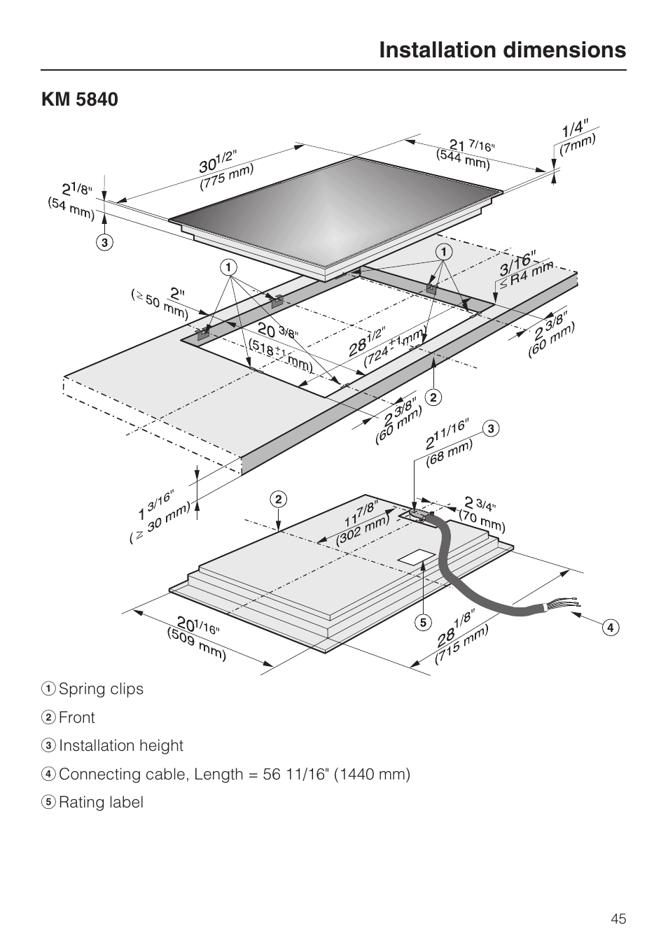 Installation dimensions 45, Installation dimensions | Miele KM 5880 User Manual | Page 45 / 56
