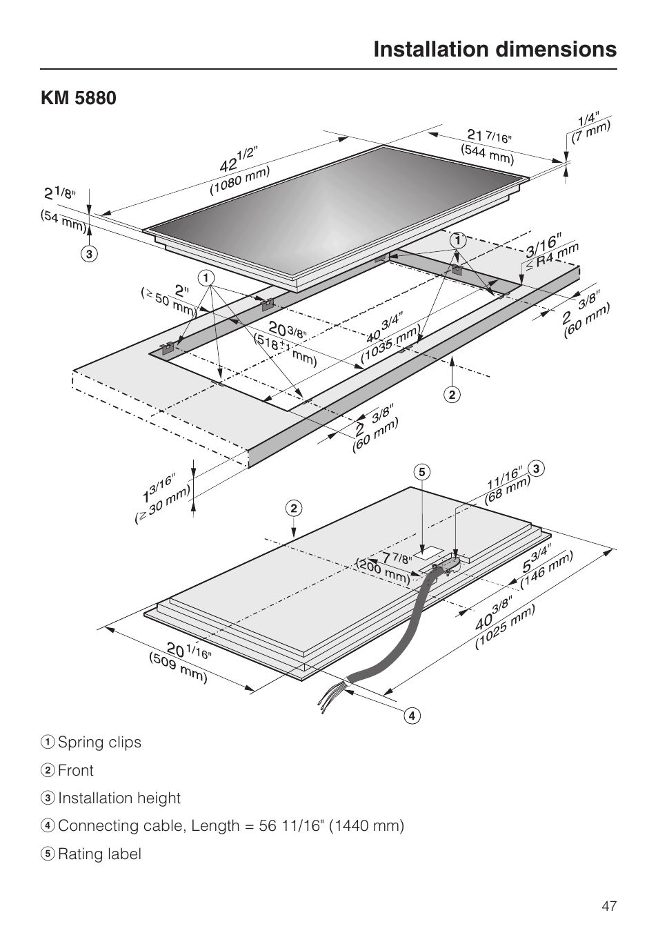 Installation dimensions | Miele KM 5880 User Manual | Page 47 / 56