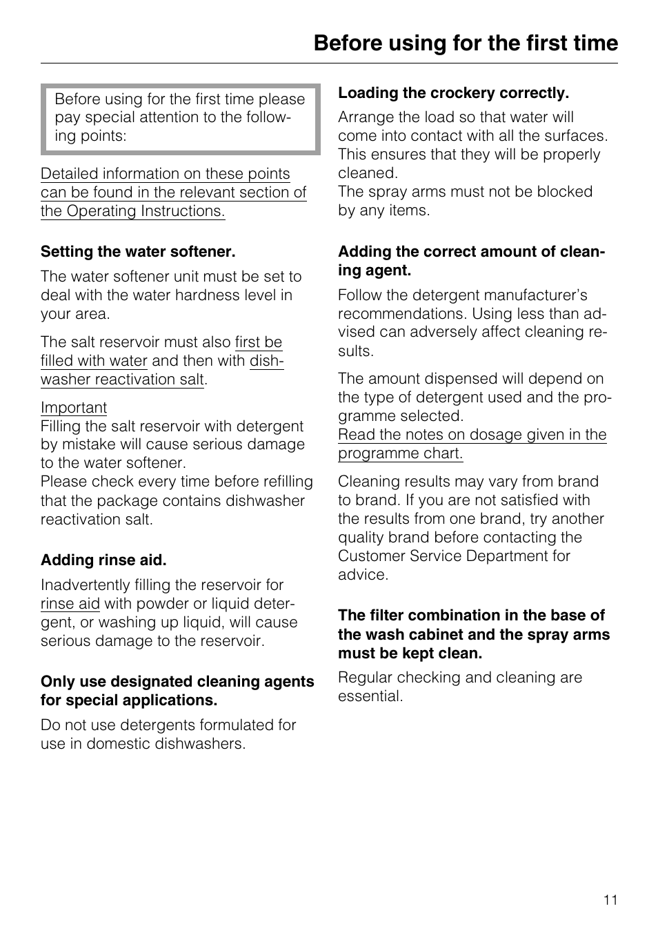 Before using for the first time 11, Before using for the first time | Miele G7859 User Manual | Page 11 / 56