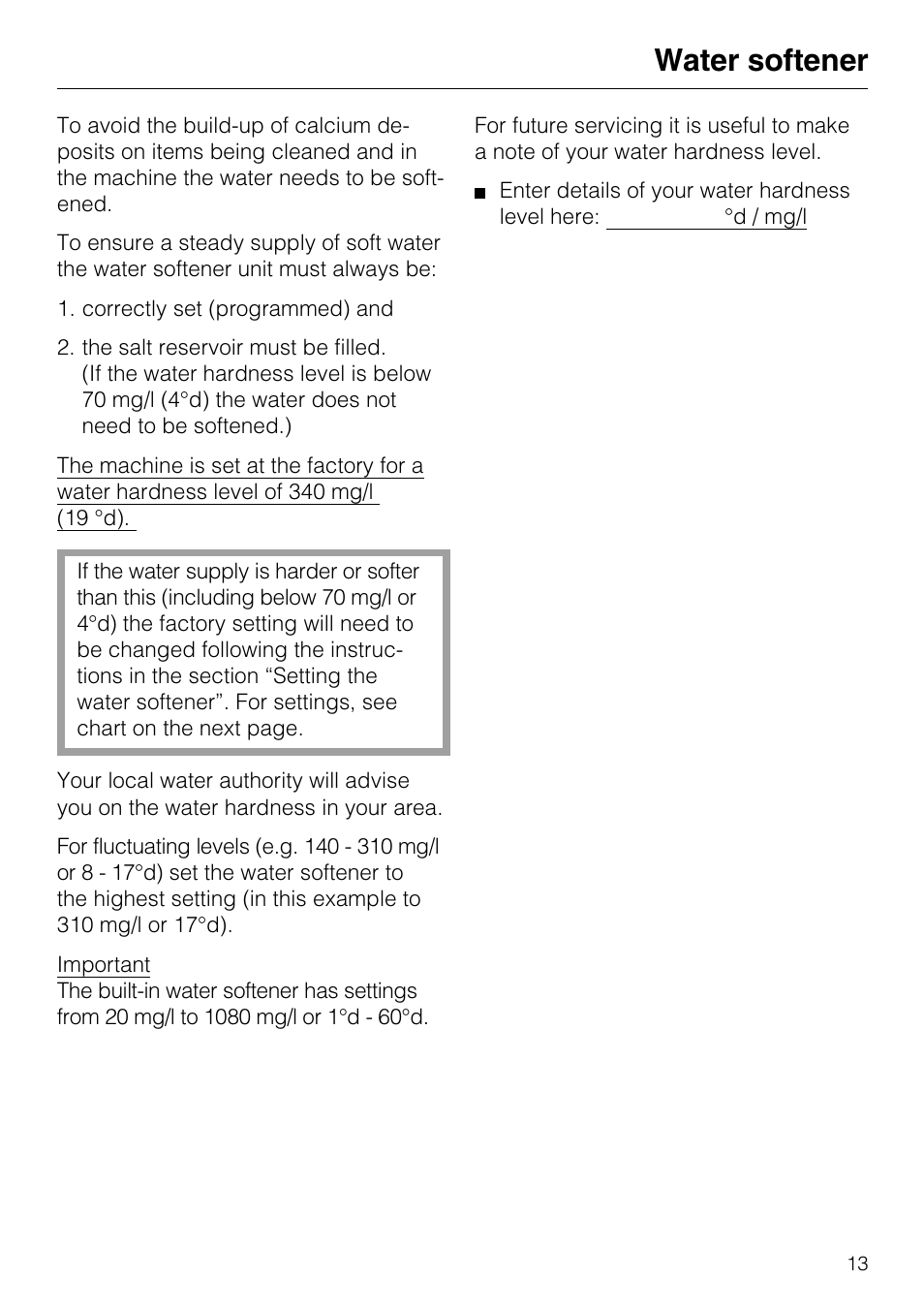 Water softener 13, Water softener | Miele G7859 User Manual | Page 13 / 56