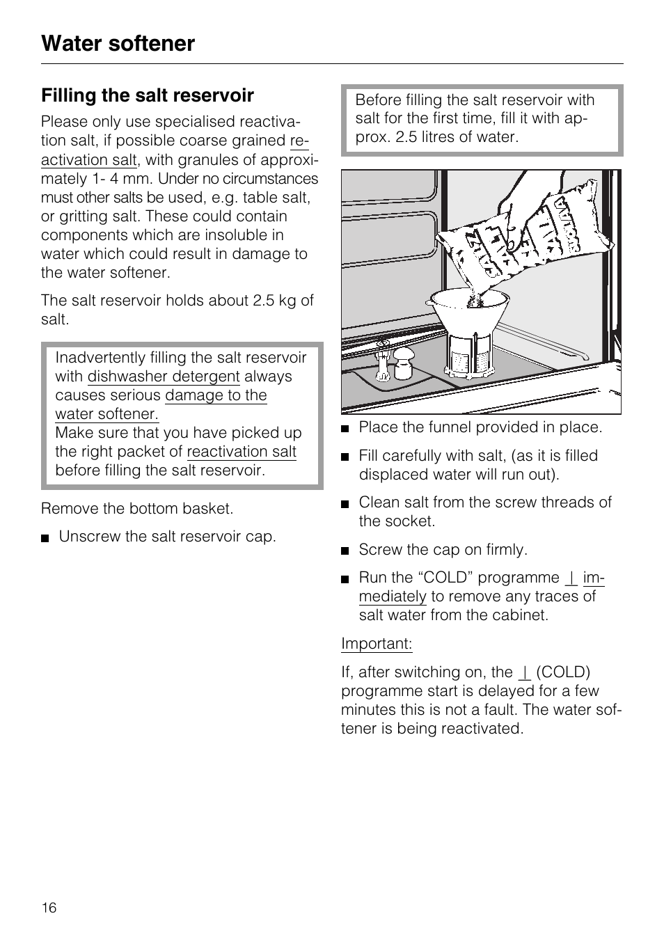 Filling the salt reservoir 16, Filling the salt reservoir, Water softener | Miele G7859 User Manual | Page 16 / 56