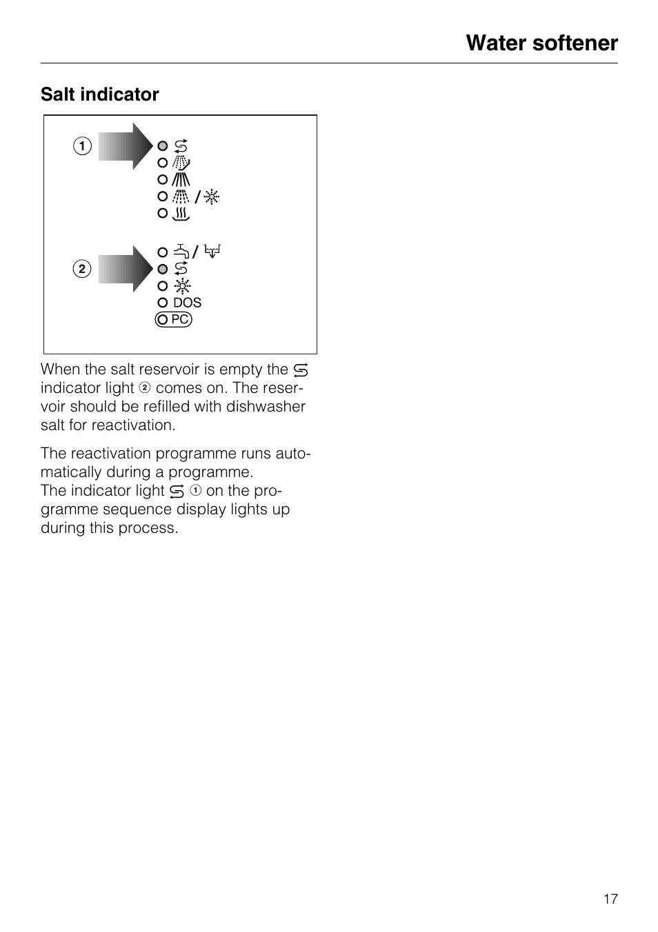 Salt indicator 17, Salt indicator, Water softener | Miele G7859 User Manual | Page 17 / 56