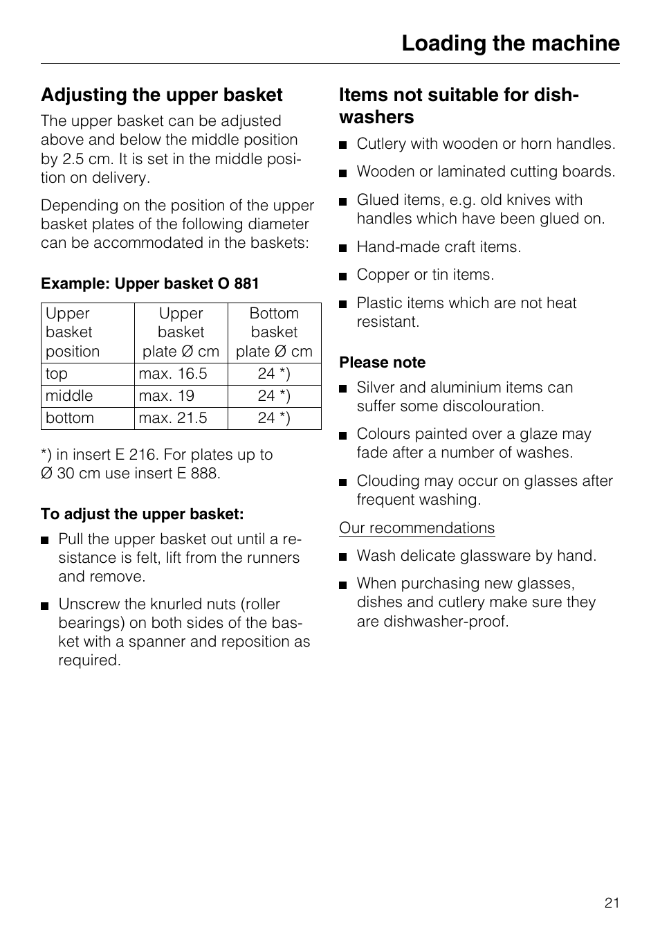 Adjusting the upper basket 21, Items not suitable for dishwashers 21, Loading the machine | Adjusting the upper basket, Items not suitable for dish- washers | Miele G7859 User Manual | Page 21 / 56