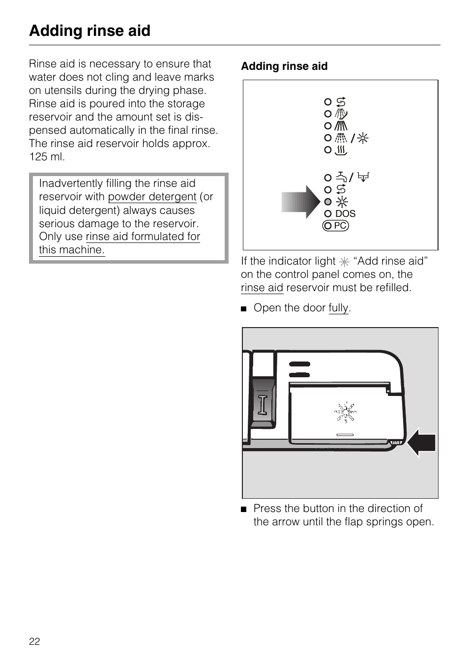 Adding rinse aid 22, Adding rinse aid | Miele G7859 User Manual | Page 22 / 56