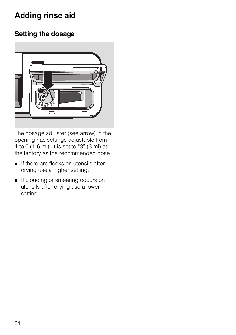 Setting the dosage 24, Setting the dosage, Adding rinse aid | Miele G7859 User Manual | Page 24 / 56