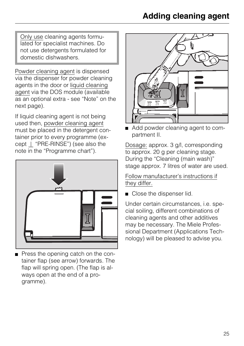 Adding cleaning agent 25, Adding cleaning agent | Miele G7859 User Manual | Page 25 / 56