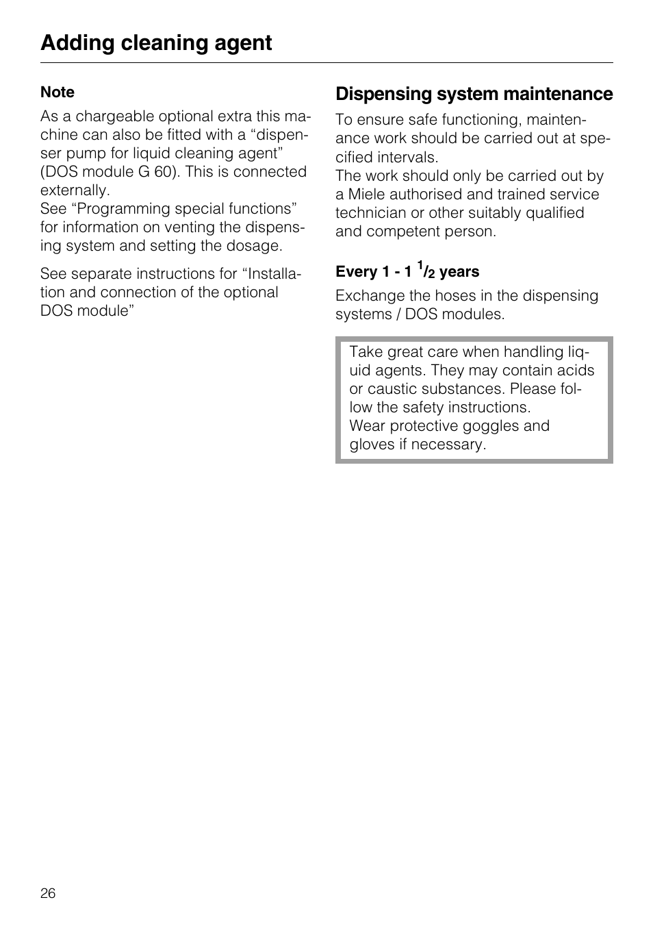 Adding cleaning agent, Dispensing system maintenance | Miele G7859 User Manual | Page 26 / 56