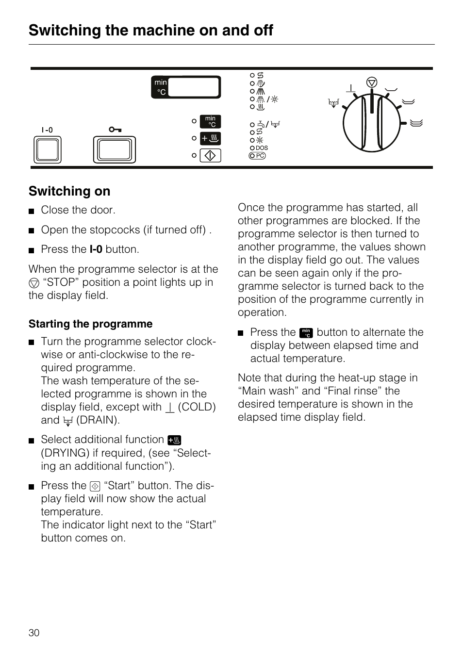 Switching the machine on and off 30, Switching on 30, Switching the machine on and off | Switching on | Miele G7859 User Manual | Page 34 / 56