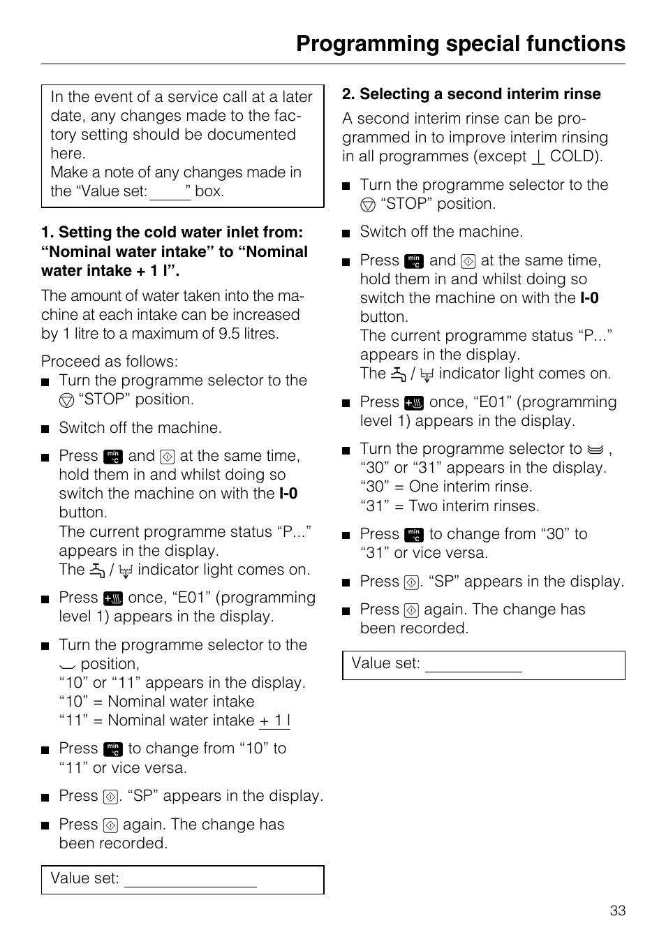 Programming special functions 33, Programming special functions | Miele G7859 User Manual | Page 37 / 56