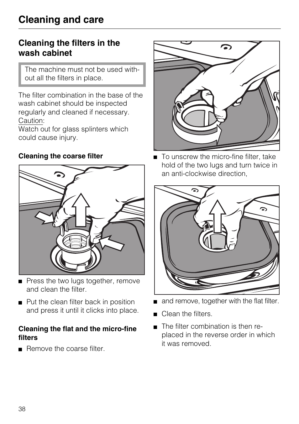 Cleaning and care 38, Cleaning and care, Cleaning the filters in the wash cabinet | Miele G7859 User Manual | Page 42 / 56