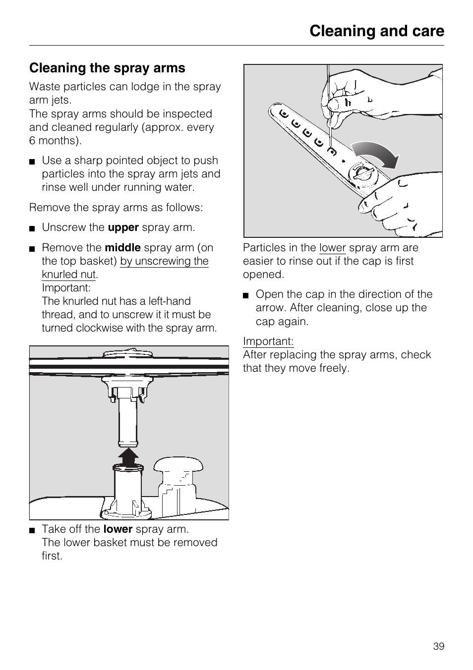 Cleaning and care, Cleaning the spray arms | Miele G7859 User Manual | Page 43 / 56