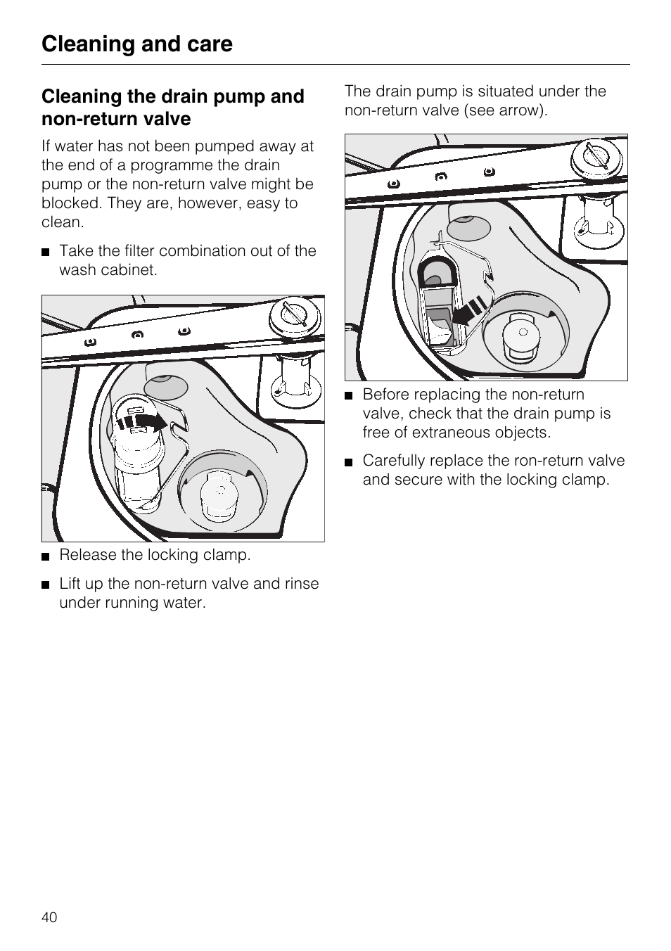 Cleaning and care, Cleaning the drain pump and non-return valve | Miele G7859 User Manual | Page 44 / 56