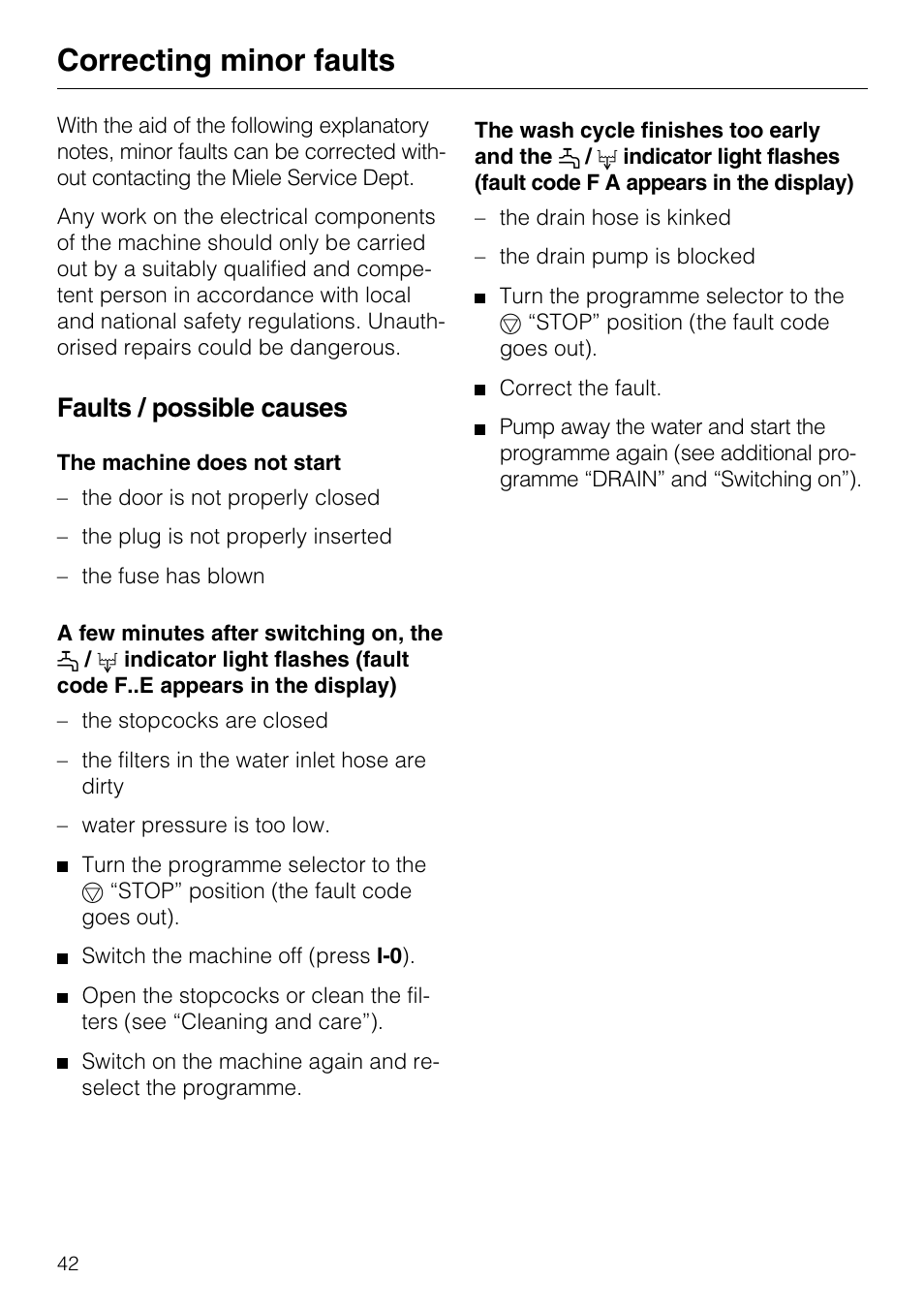 Correcting minor faults 42, Correcting minor faults, Faults / possible causes | Miele G7859 User Manual | Page 46 / 56