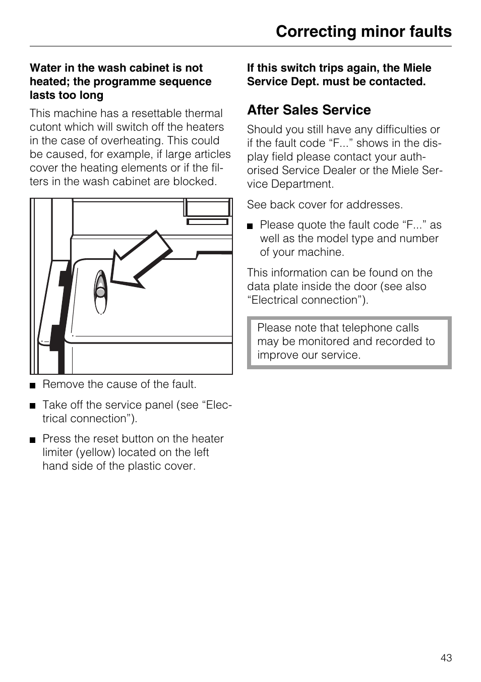 After sales service 43, After sales service, Correcting minor faults | Miele G7859 User Manual | Page 47 / 56