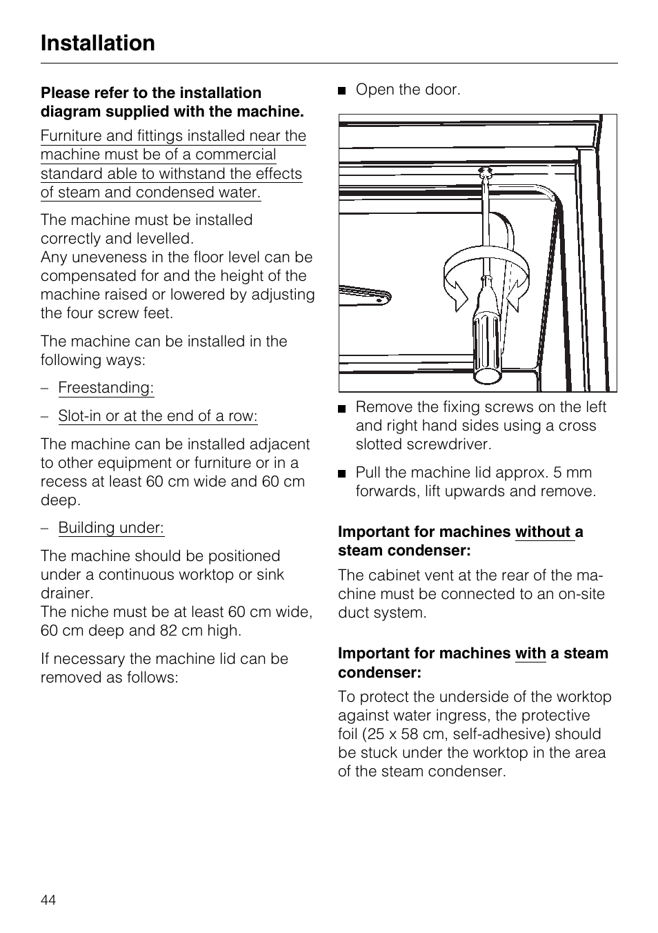 Installation 44, Installation | Miele G7859 User Manual | Page 48 / 56