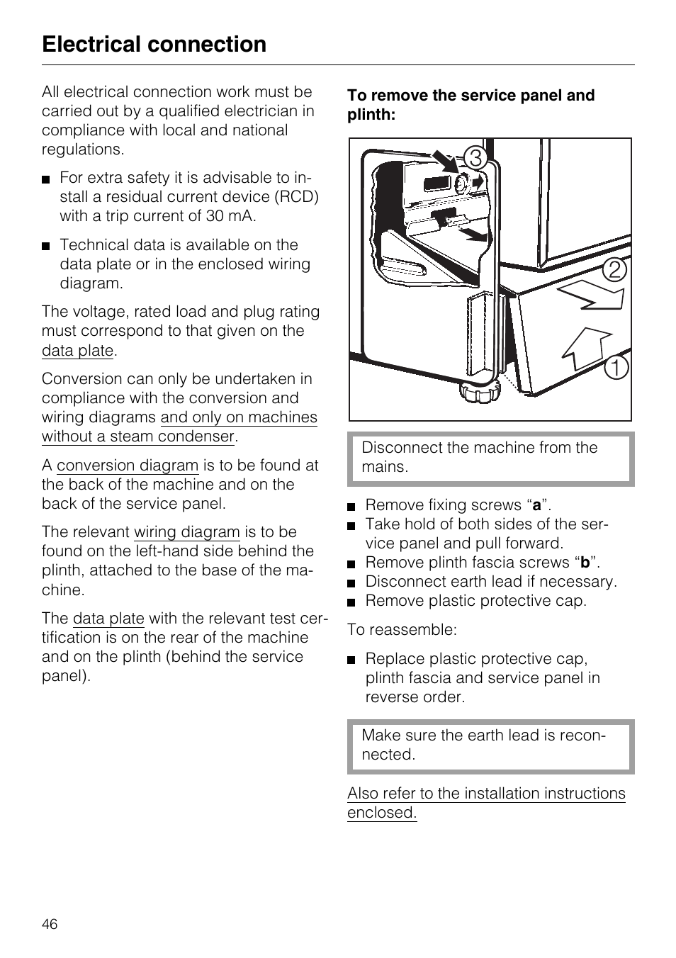 Electrical connection 46, Electrical connection | Miele G7859 User Manual | Page 50 / 56