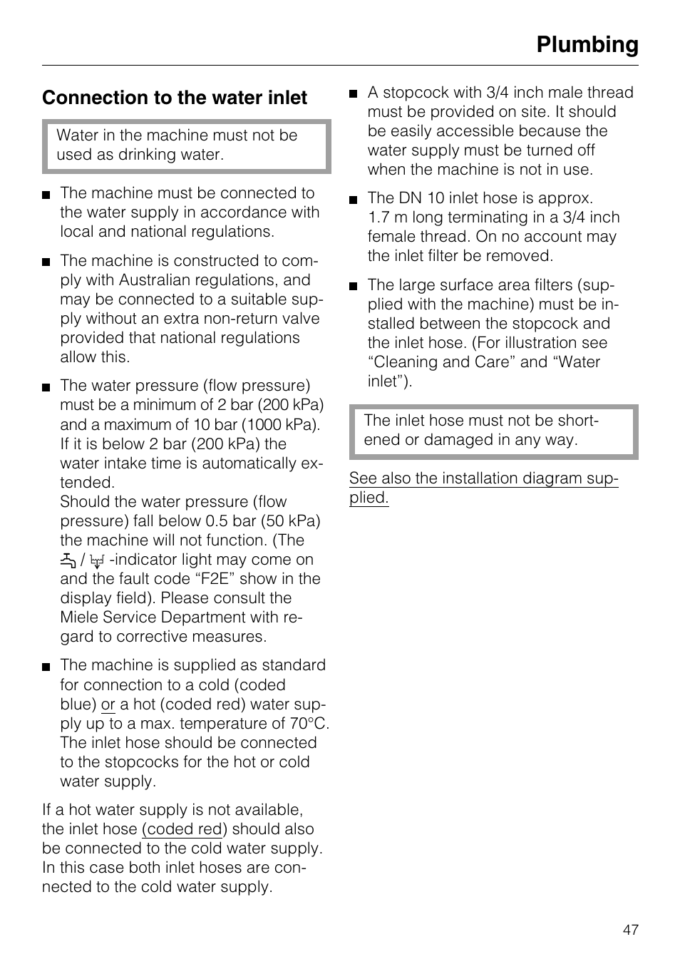 Plumbing 47, Plumbing, Connection to the water inlet | Miele G7859 User Manual | Page 51 / 56