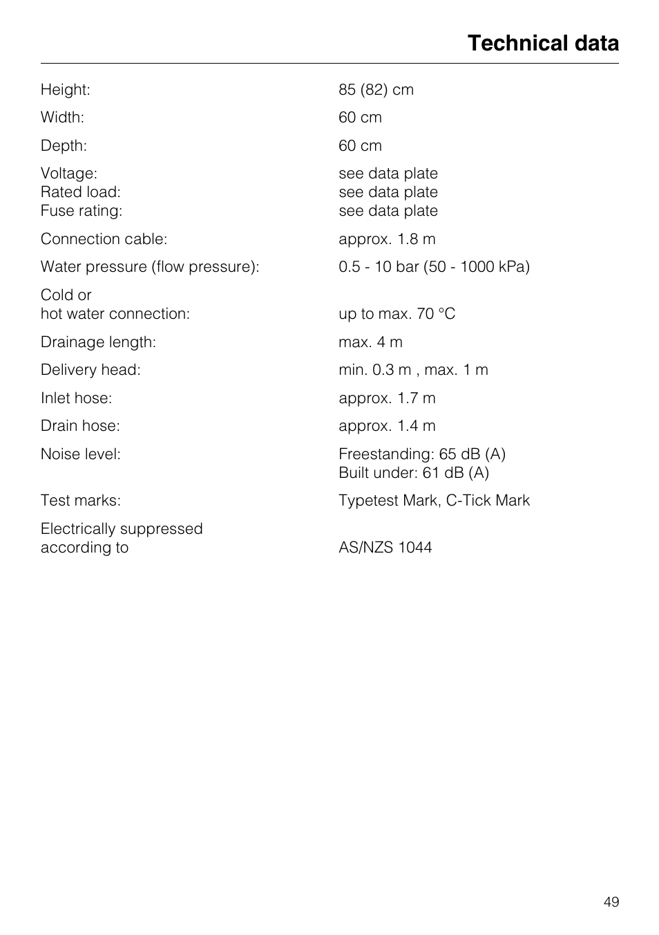 Technical data 49, Technical data | Miele G7859 User Manual | Page 53 / 56