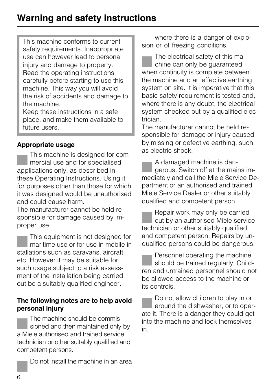 Warning and safety instructions 6, Warning and safety instructions | Miele G7859 User Manual | Page 6 / 56