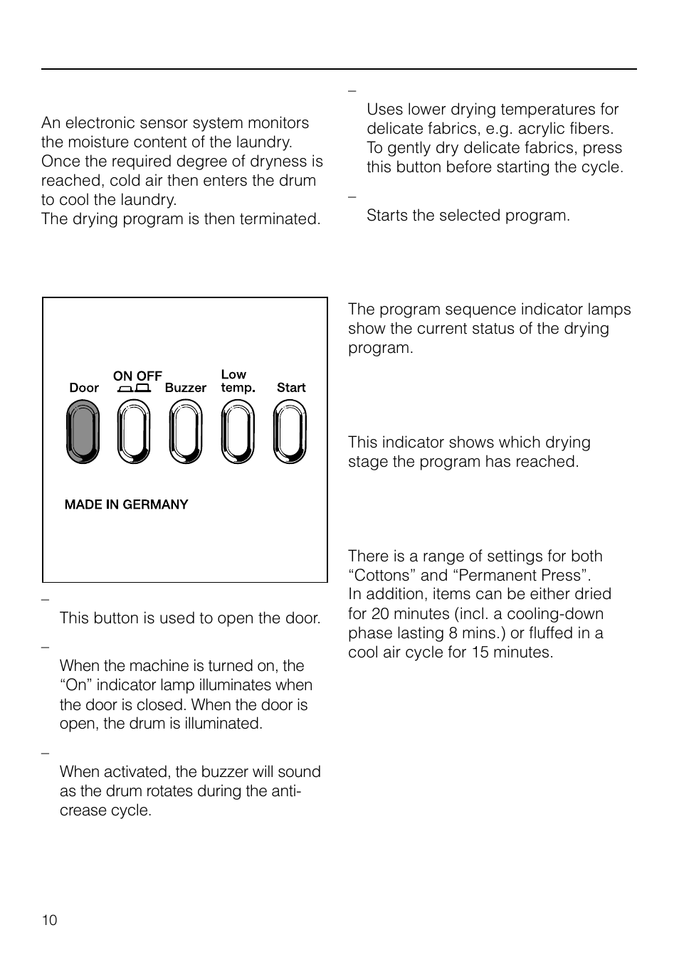 Program selection, Functional description, Function of the pushbuttons | Program sequence” indicator, Drying stage reached” indicator, Program setting” selector | Miele T1570C User Manual | Page 10 / 32