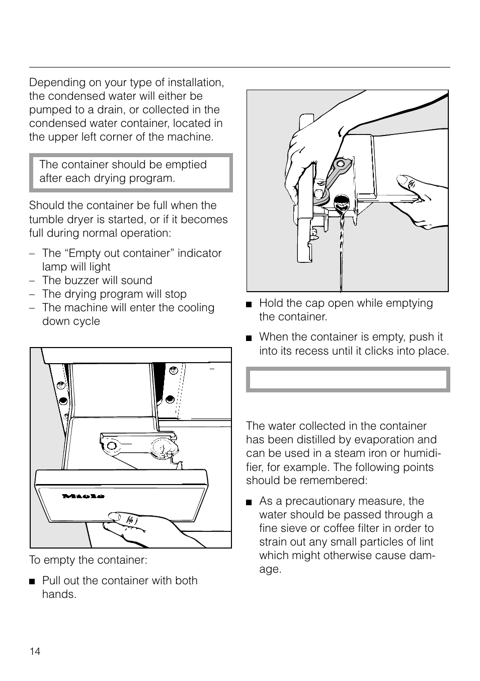 User maintenance instructions, Emptying the condensed water container | Miele T1570C User Manual | Page 14 / 32