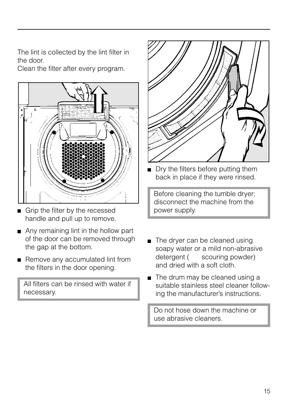 Cleaning and care, Cleaning the lint filters, Cleaning the dryer | Miele T1570C User Manual | Page 15 / 32