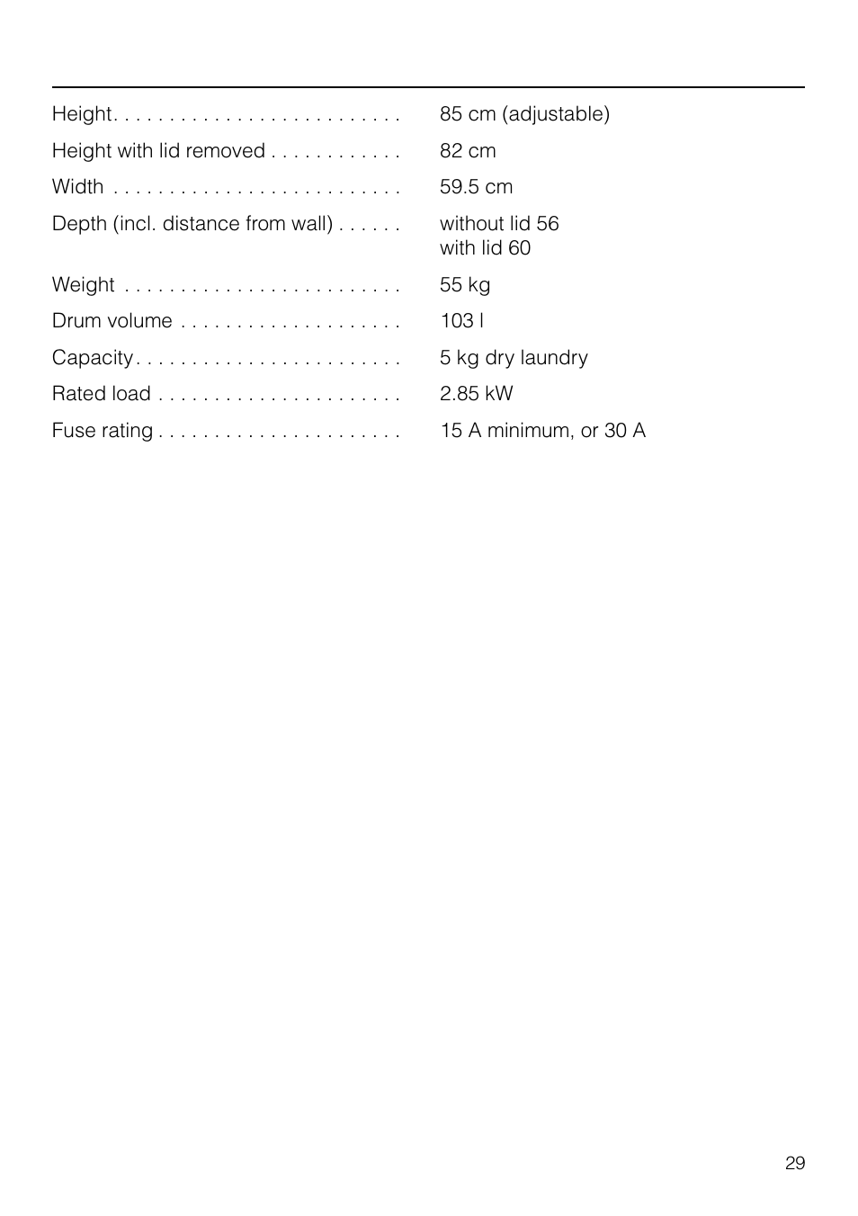 Technical data | Miele T1570C User Manual | Page 29 / 32