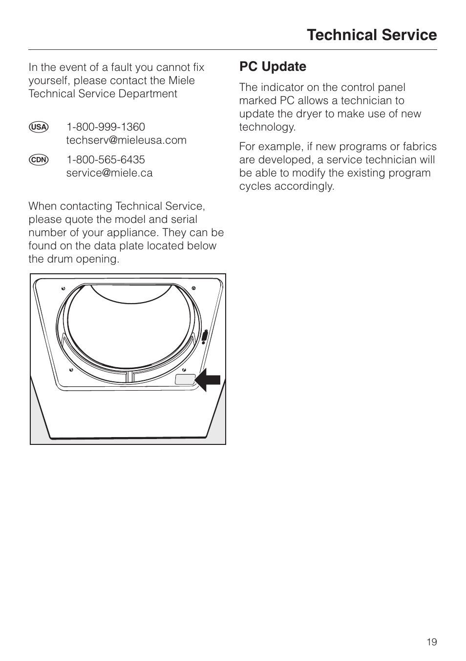 Technical service 19, Technical service, Pc update | Miele TOUCHTRONIC T 1303 User Manual | Page 23 / 40