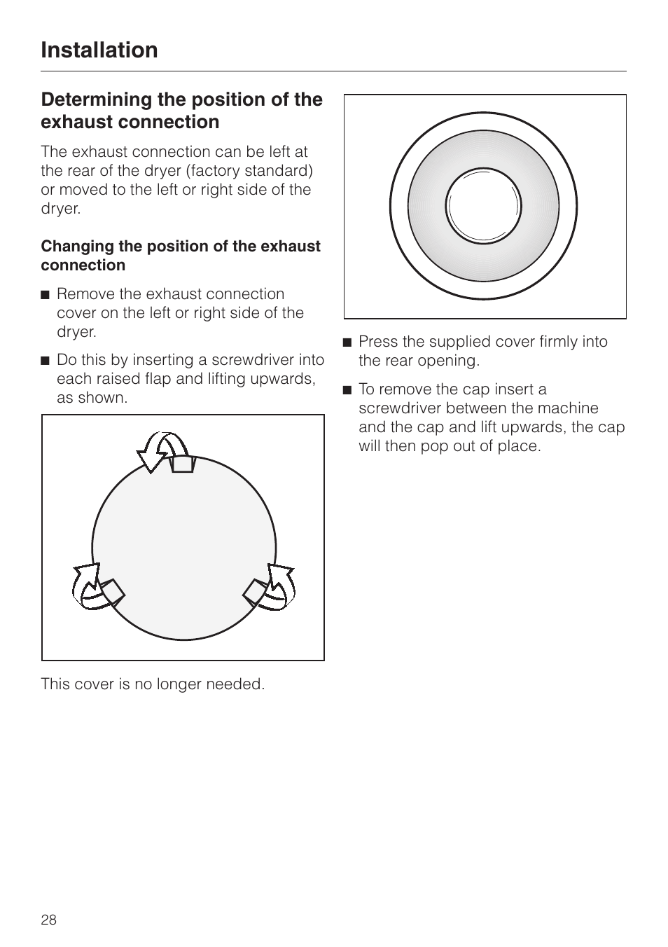 Determining the position of the exhaust connection, Installation | Miele TOUCHTRONIC T 1303 User Manual | Page 32 / 40