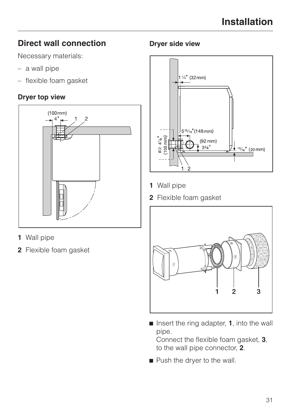 Direct wall connection 31, Direct wall connection, Installation | Miele TOUCHTRONIC T 1303 User Manual | Page 35 / 40