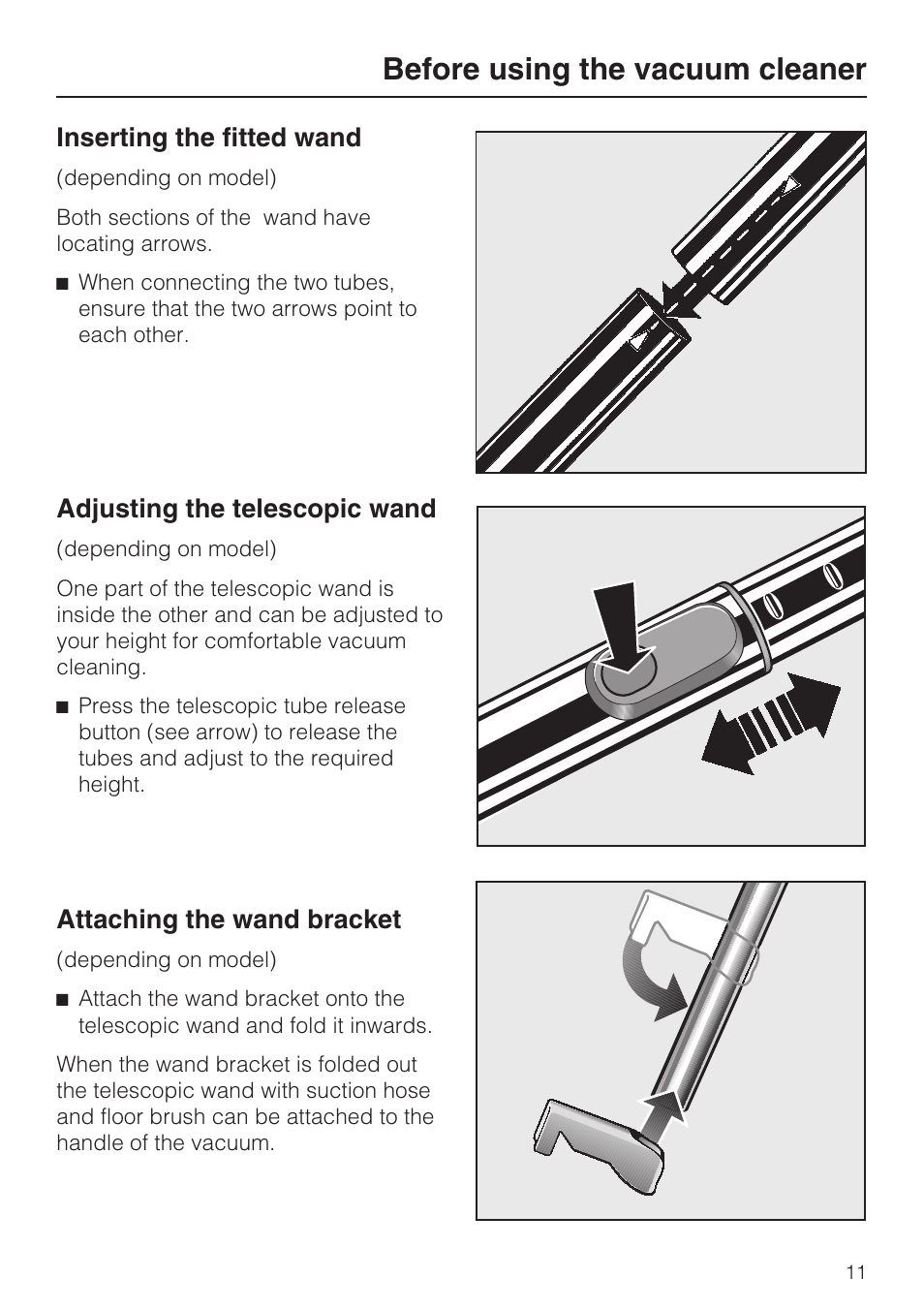 Before using the vacuum cleaner, Inserting the fitted wand, Adjusting the telescopic wand | Attaching the wand bracket | Miele S 252i User Manual | Page 11 / 36