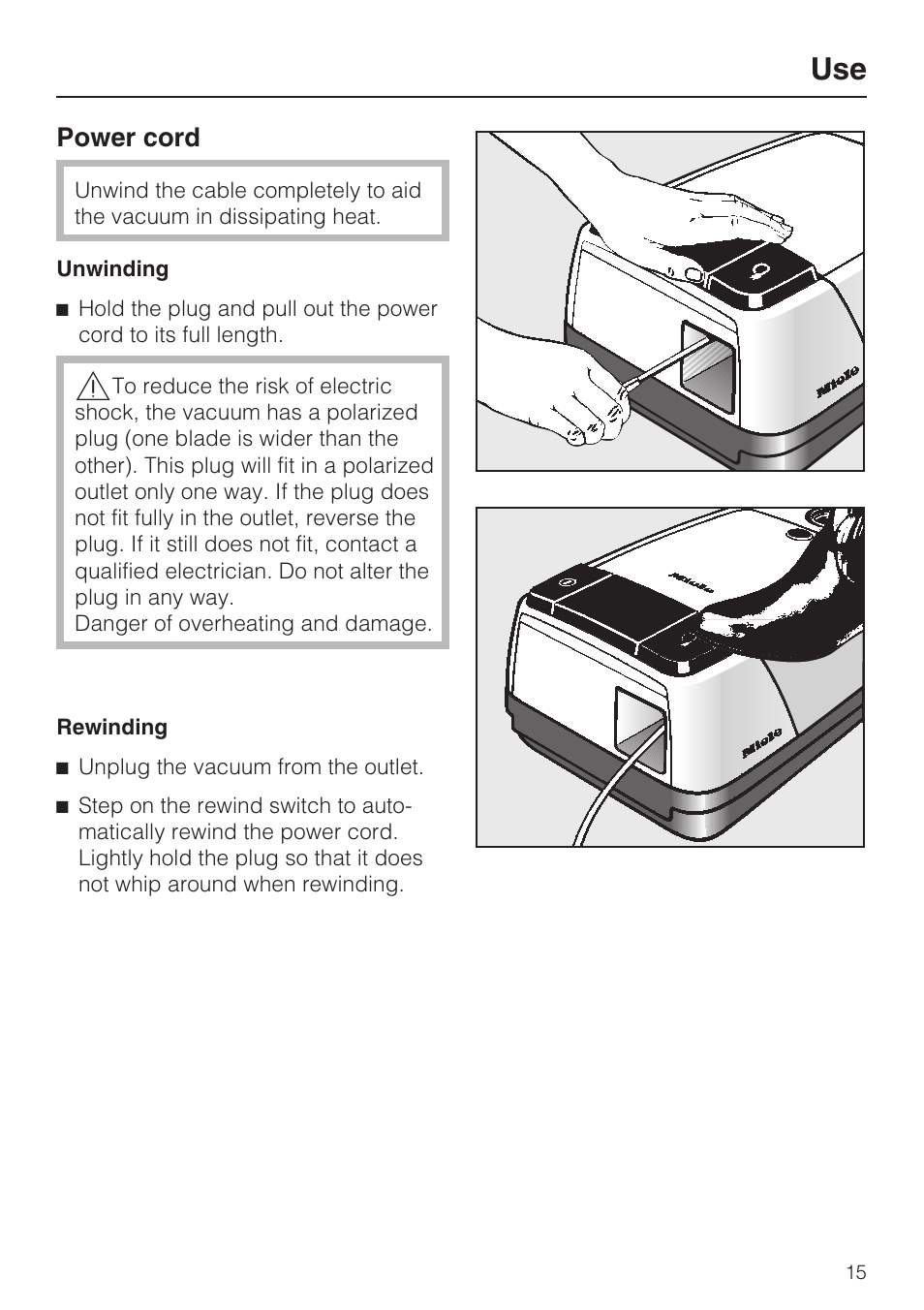 Use 15, Power cord 15 | Miele S 252i User Manual | Page 15 / 36