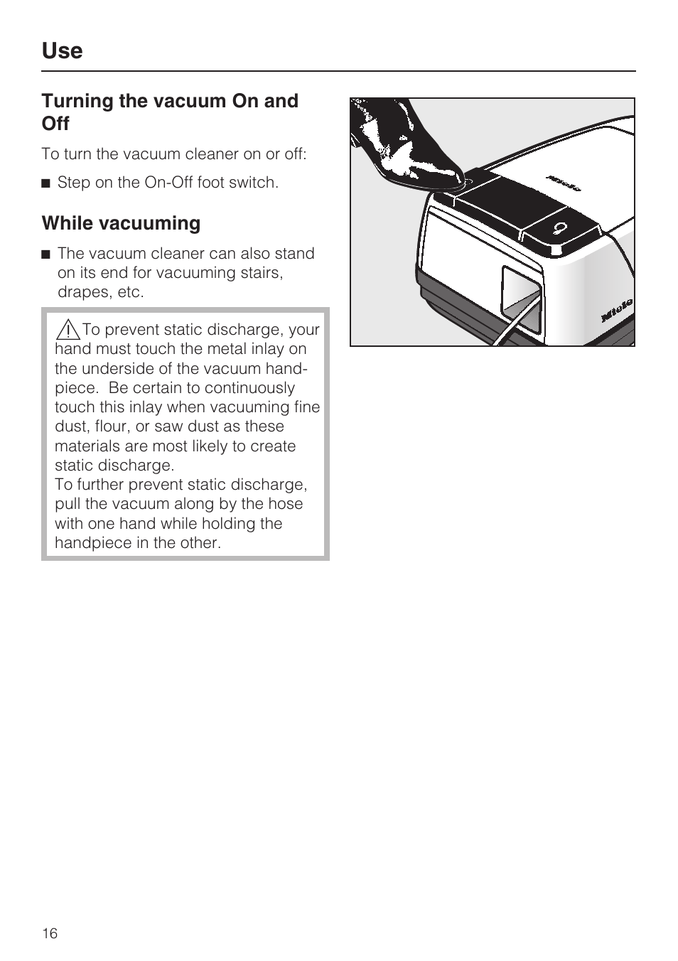 Turning the vacuum on and off 16 | Miele S 252i User Manual | Page 16 / 36