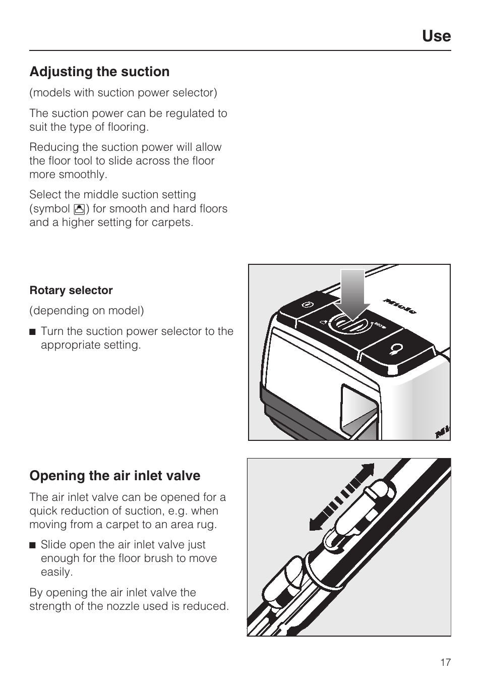 Adjusting the suction 17, Opening the air inlet valve 17, Adjusting the suction | Opening the air inlet valve | Miele S 252i User Manual | Page 17 / 36