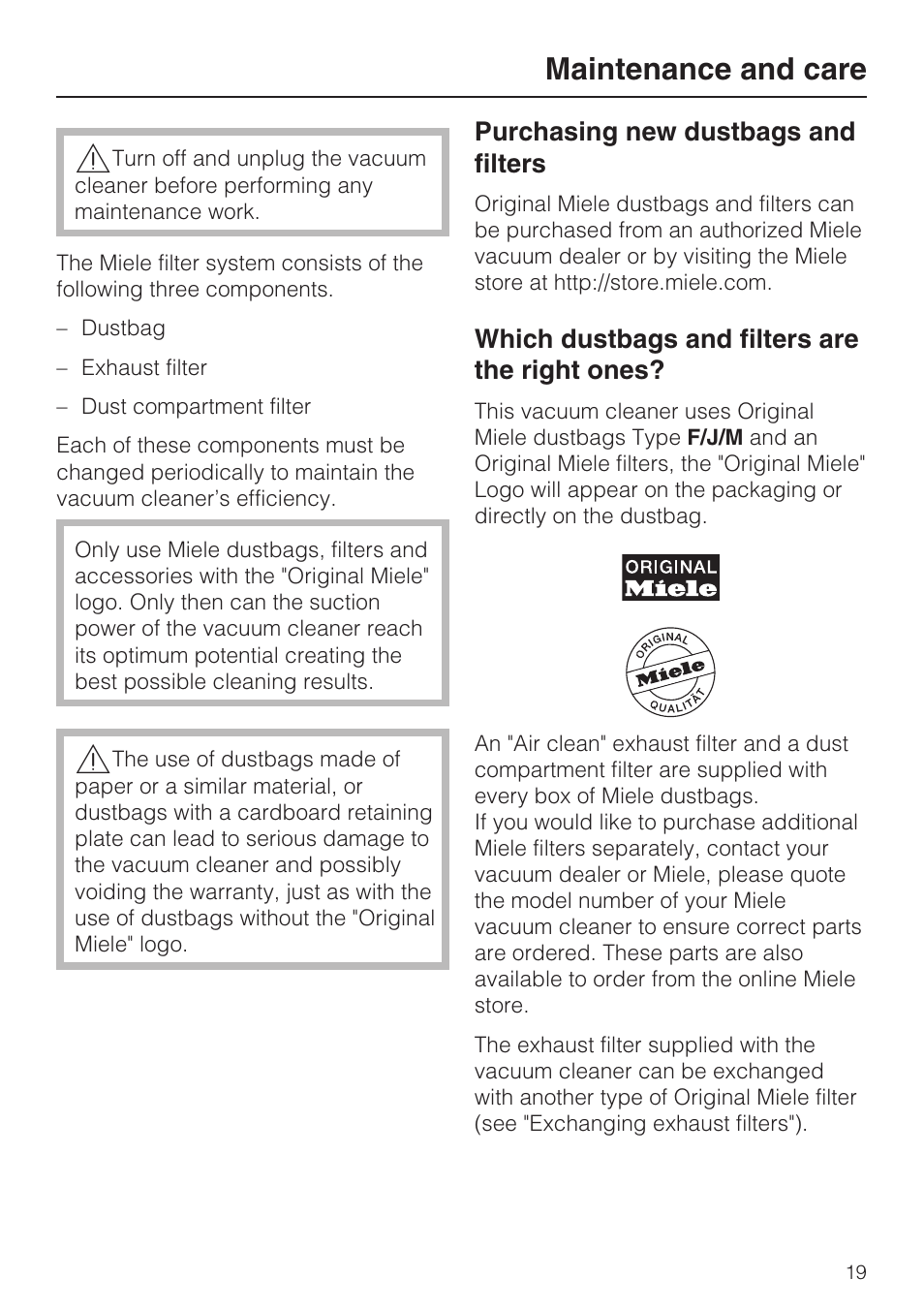 Maintenance and care 19, Purchasing new dustbags and filters 19, Which dustbags and filters are the right ones? 19 | Maintenance and care | Miele S 252i User Manual | Page 19 / 36