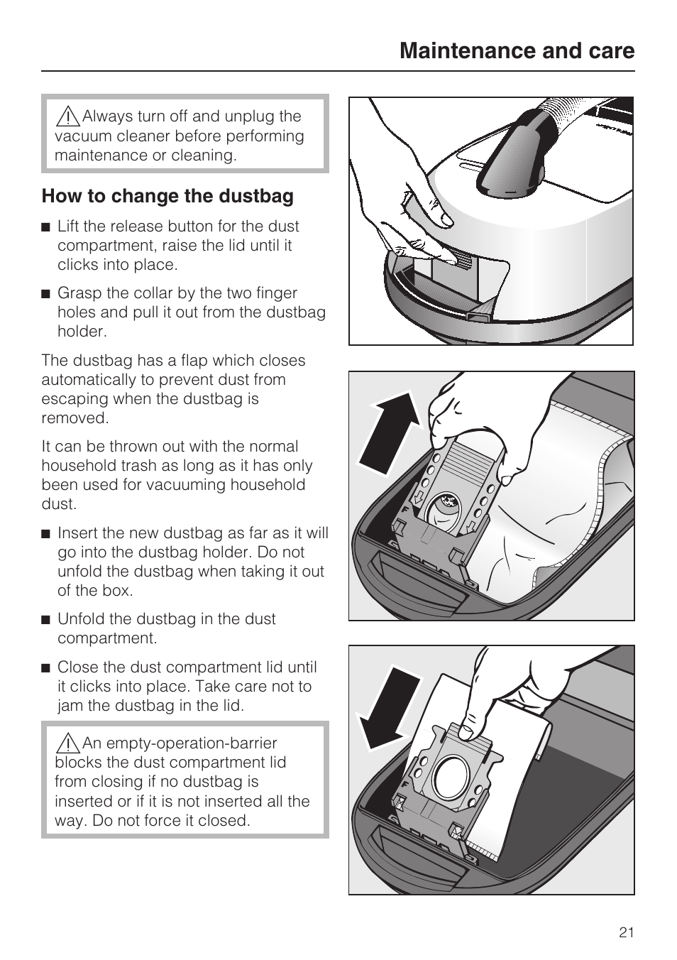 How to change the dustbag 21, Maintenance and care, How to change the dustbag | Miele S 252i User Manual | Page 21 / 36