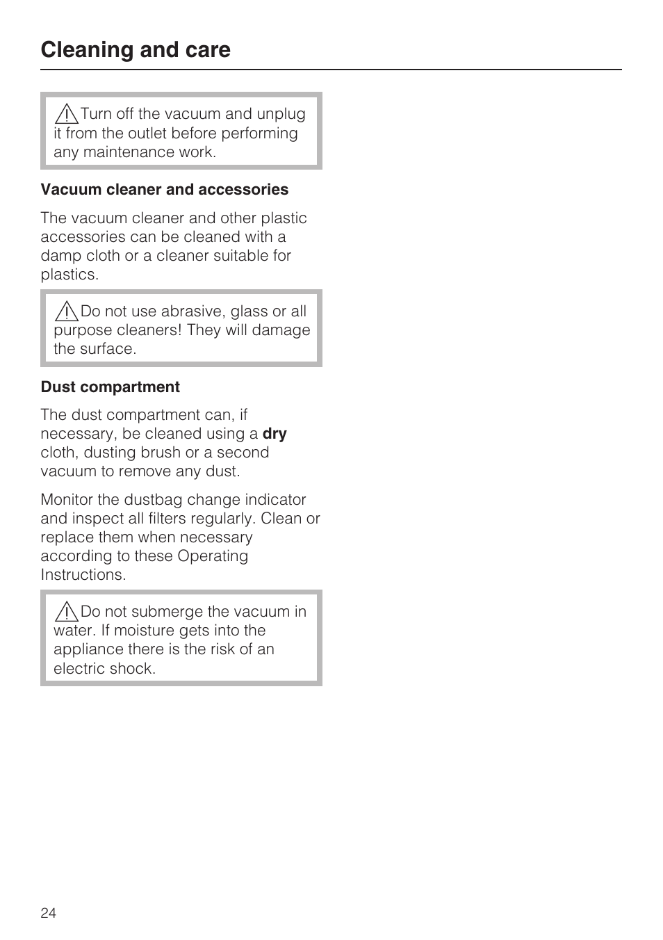 Cleaning and care 24, Cleaning and care | Miele S 252i User Manual | Page 24 / 36