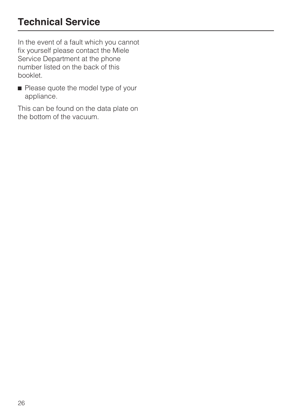 Technical service 26, Technical service | Miele S 252i User Manual | Page 26 / 36