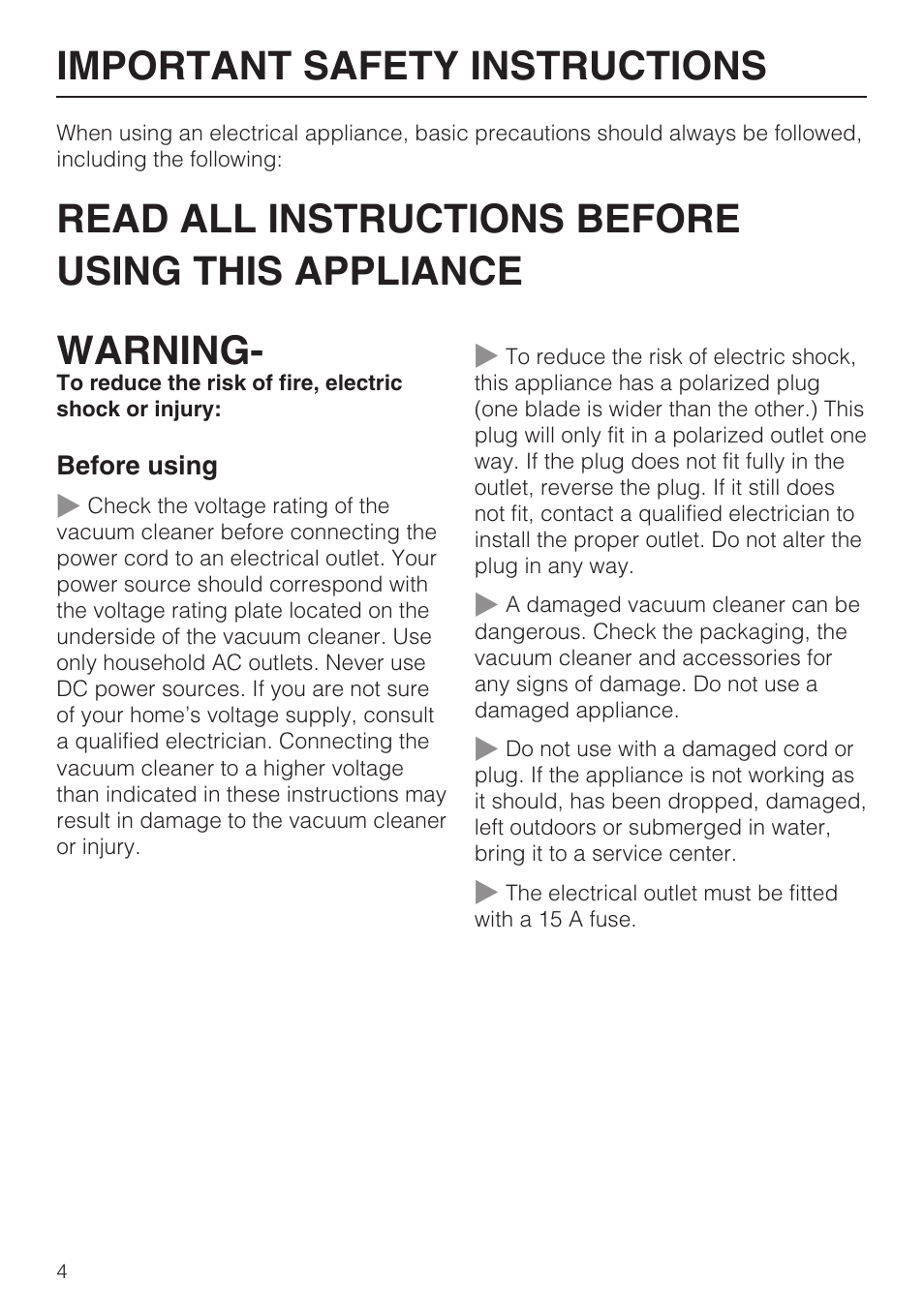 Important safety instructions 4, Important safety instructions | Miele S 252i User Manual | Page 4 / 36