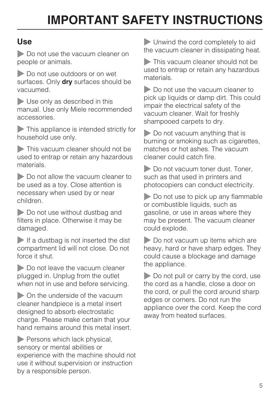 Important safety instructions | Miele S 252i User Manual | Page 5 / 36