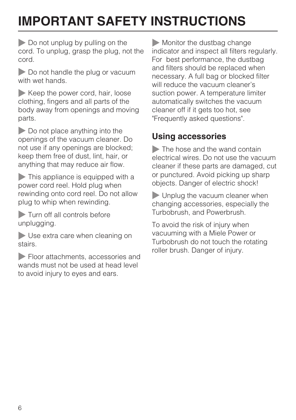 Important safety instructions | Miele S 252i User Manual | Page 6 / 36