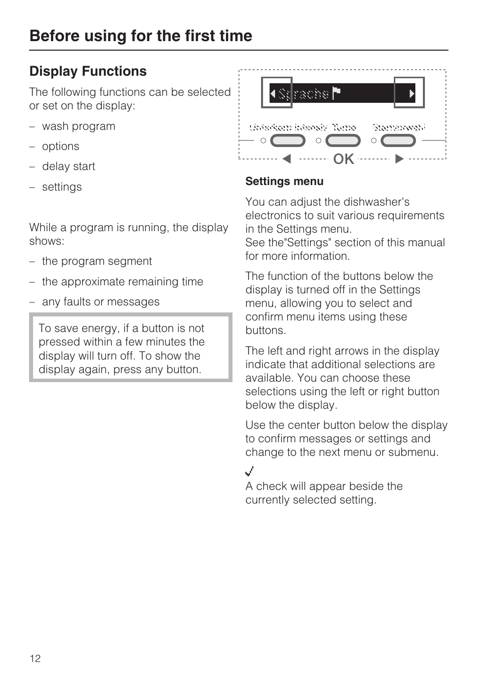 Display functions 12, Before using for the first time, Display functions | Miele G 5705 User Manual | Page 12 / 72