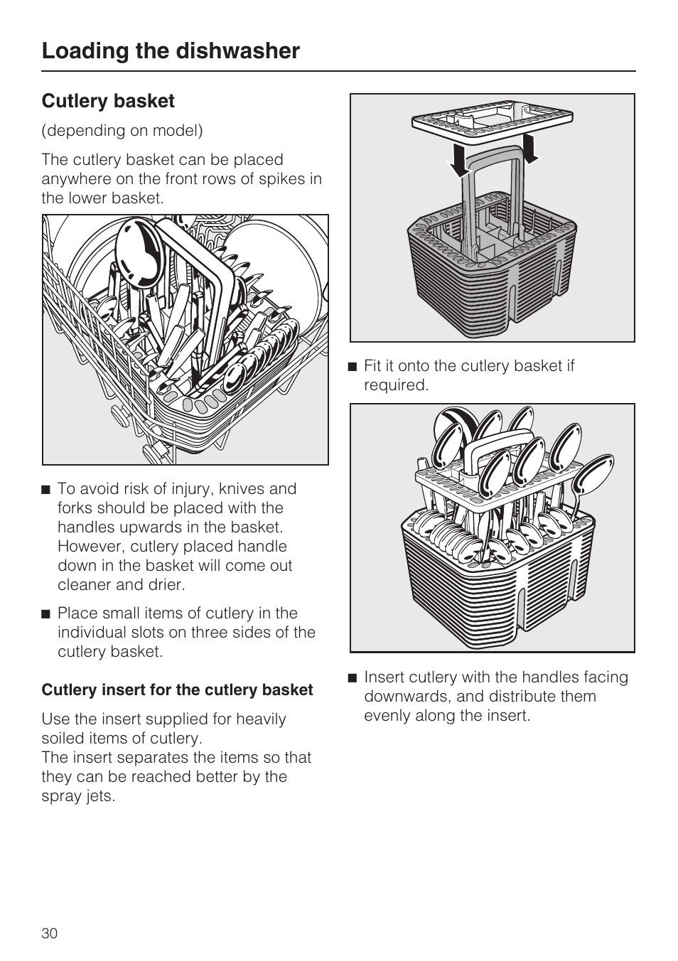 Loading the dishwasher, Cutlery basket | Miele G 5705 User Manual | Page 30 / 72