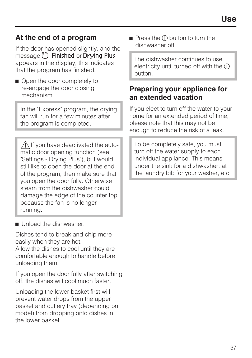 At the end of a program 37, At the end of a program, Preparing your appliance for an extended vacation | Miele G 5705 User Manual | Page 37 / 72