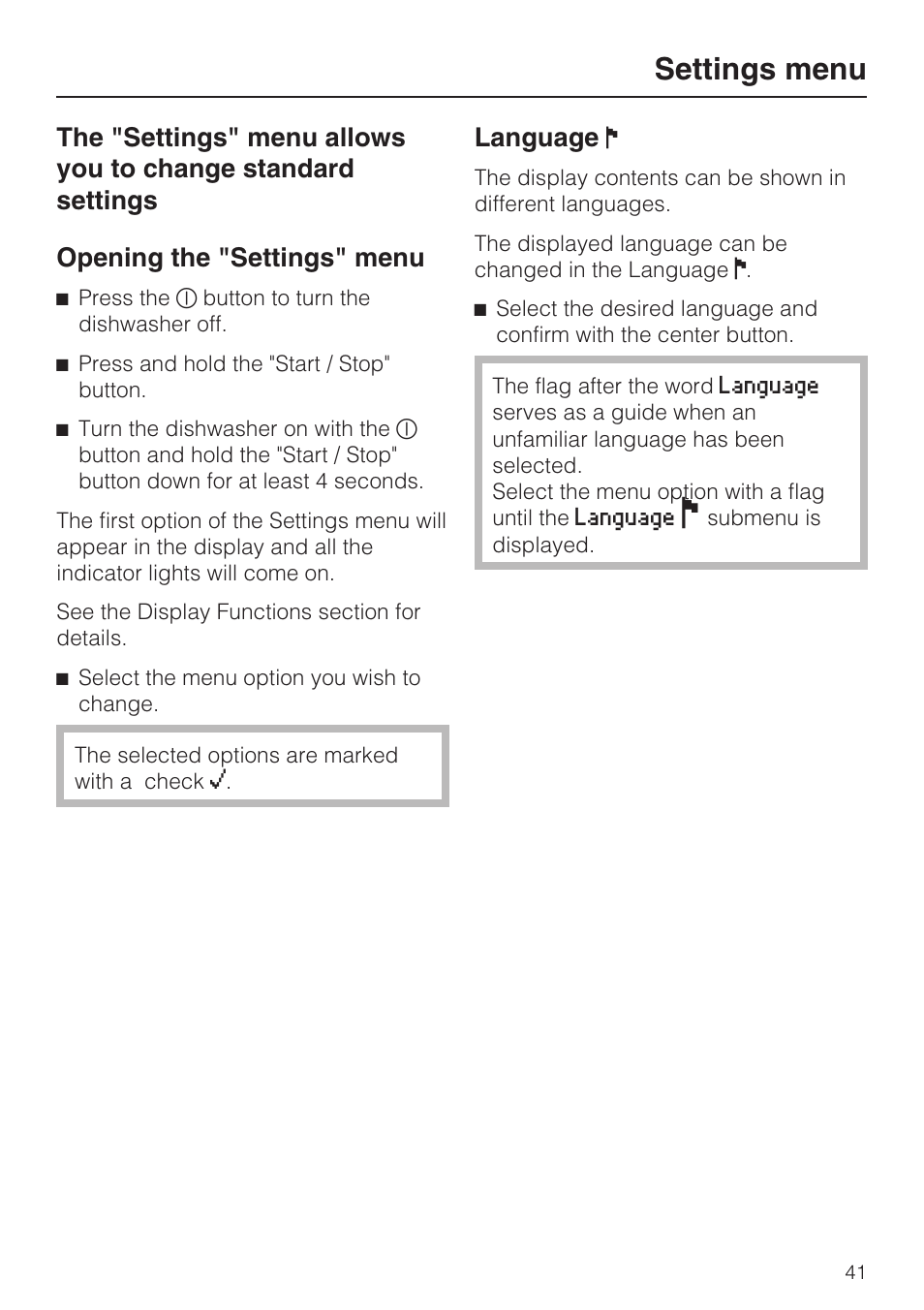 Settings menu 41, Opening the "settings" menu 41, Settings menu | Language | Miele G 5705 User Manual | Page 41 / 72